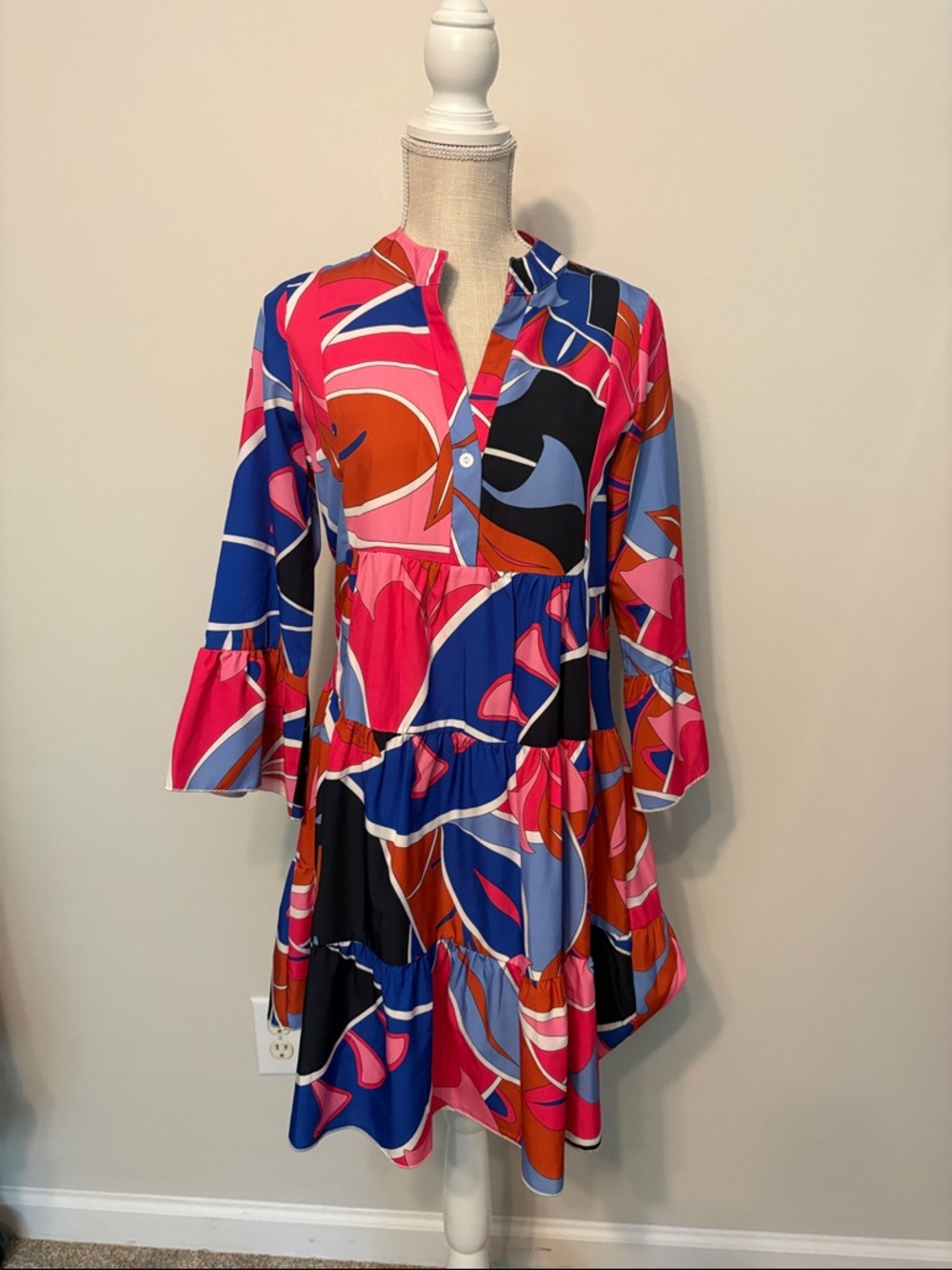 Vibrant Pink & Blue Printed Tiered Midi Dress